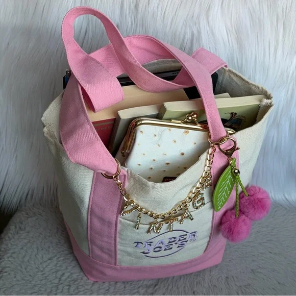2026 Limited Edition Trader Joe’s Mini Pink Canvas Tote ‘VINTAGE’ & Cherry Charm - Picture 5 of 11
